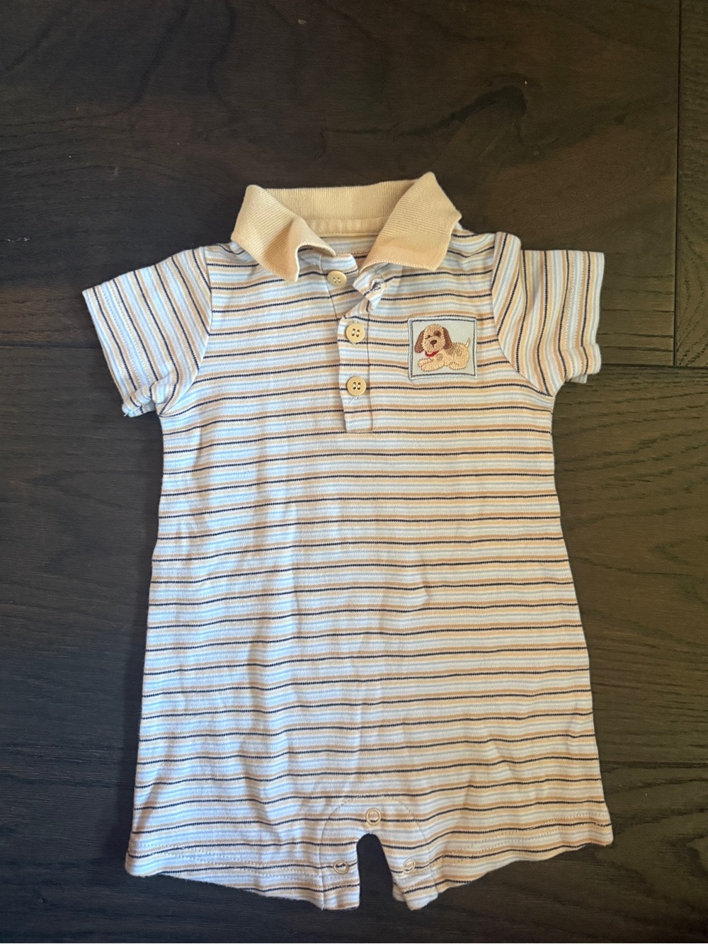 First Impressions Striped Baby Polo Romper with Puppy Patch - Cream & Light Blue